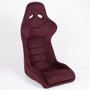 Cobra Nogaro Circuit Burgundy Corduroy Edition fixed back bucket seat trimmed all over in burgundy fine wale corduroy, shown from the front three quarter with the harness slots visible