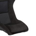 Detail of the Cobra Nogaro Munich seat base showing the deep side bolsters, the padded Alcantara front roll and the CSL pin dot cloth across the centre of the cushion
