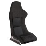 Cobra Nogaro Munich fixed back bucket seat in charcoal Alcantara with the original BMW E46 M3 CSL pin dot centre fabric, shown from the front three quarter with side mounts fitted