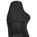 Detail of the Cobra Nogaro Munich shoulder wing and upper backrest, showing the plain charcoal Alcantara shoulders with no harness slots and the inset CSL centre panel below