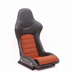 Cobra Nogaro Street Pepita Edition fixed back bucket seat in black vinyl with orange and black pepita houndstooth fluted centre panels and white contrast stitching