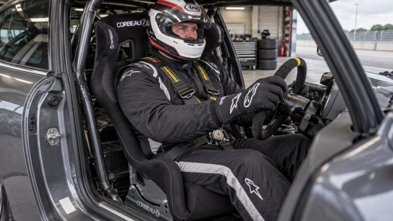 Tall broad-built helmeted driver in a Corbeau Revenge X System 1 XL motorsport seat fitted inside a track car