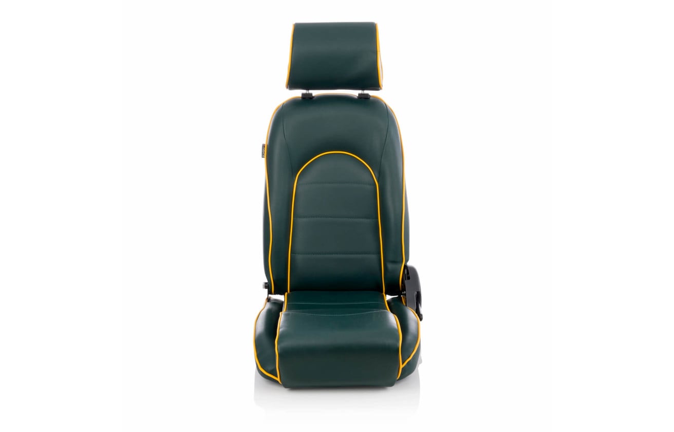 Corbeau Sportsman reclining seat in green vinyl with yellow contrast piping, front view studio photograph