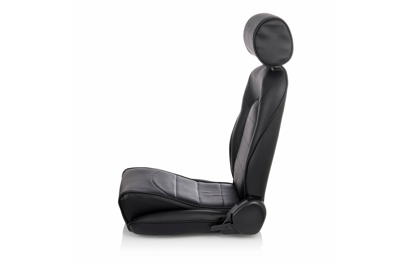 Side profile studio photograph of the Corbeau Sportsman reclining seat in black, showing the base and the recline handwheel
