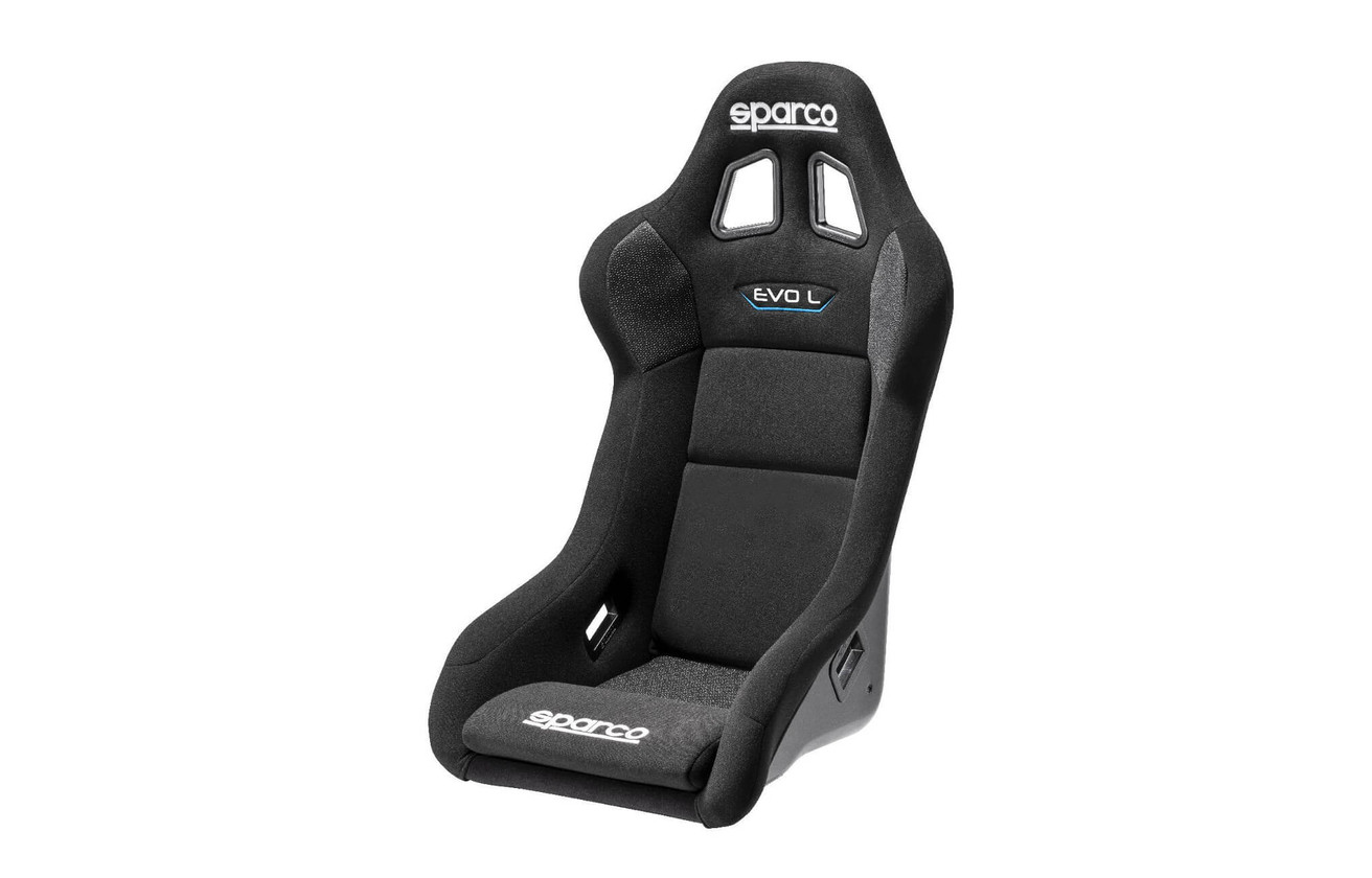 Sparco Evo L QRT FIA bucket seat, front three quarter studio photograph