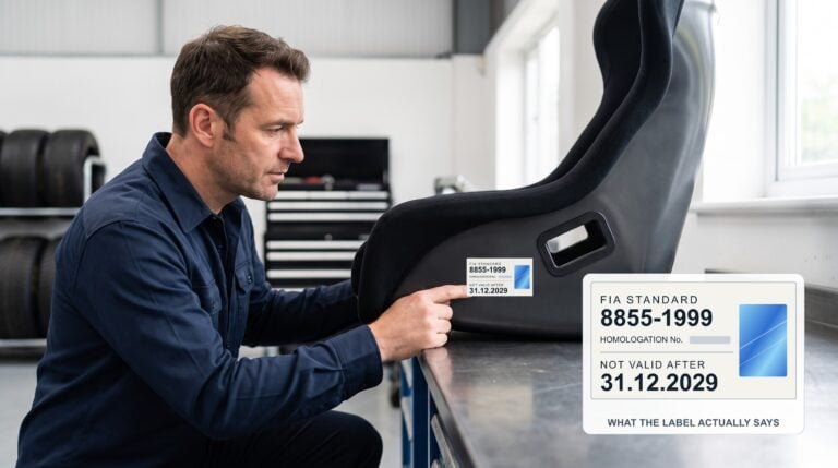 A technician pointing at the FIA homologation label low on the side of a black bucket seat shell, clear of the harness slot, with the label enlarged alongside showing FIA Standard 8855-1999, a blue hologram and a not valid after date of 31.12.2029
