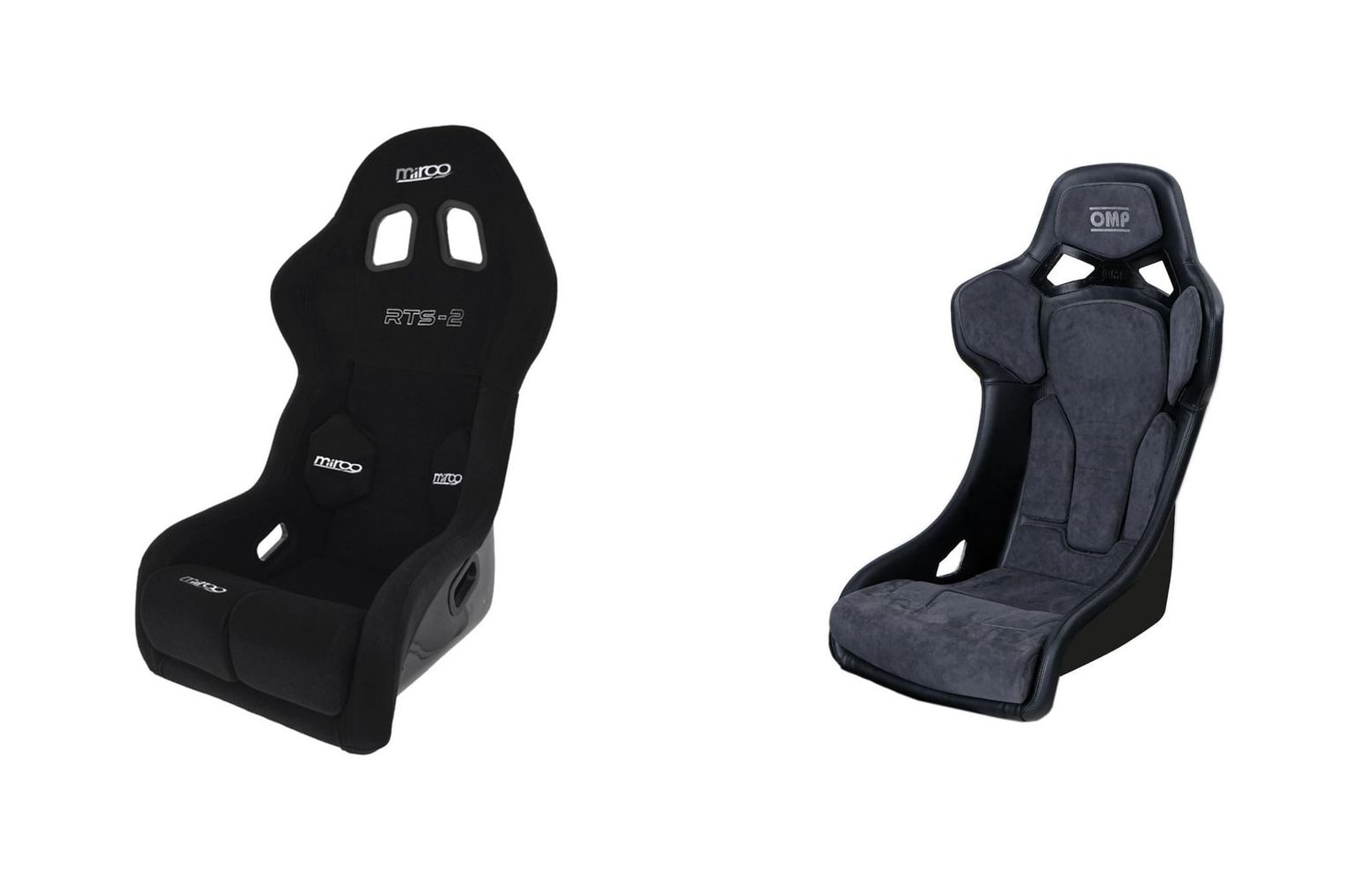 Two FIA 8855-1999 motorsport bucket seats side by side, a Mirco RTS-2 Velour in black fabric and an OMP RT in grey suede on a composite shell, both fixed back with harness slots