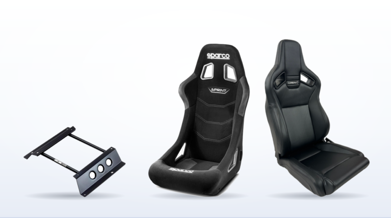 A Sparco Abarth 595 direct fit sub-frame beside a Sparco Sprint FIA bucket seat and a Corbeau low base reclining sport seat