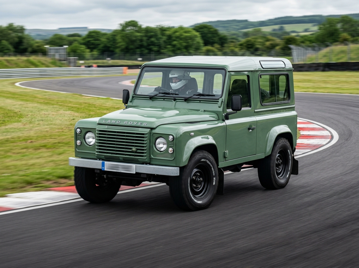 Heritage Green Land Rover Defender 90 short wheelbase cornering on a British race circuit with helmeted driver visible