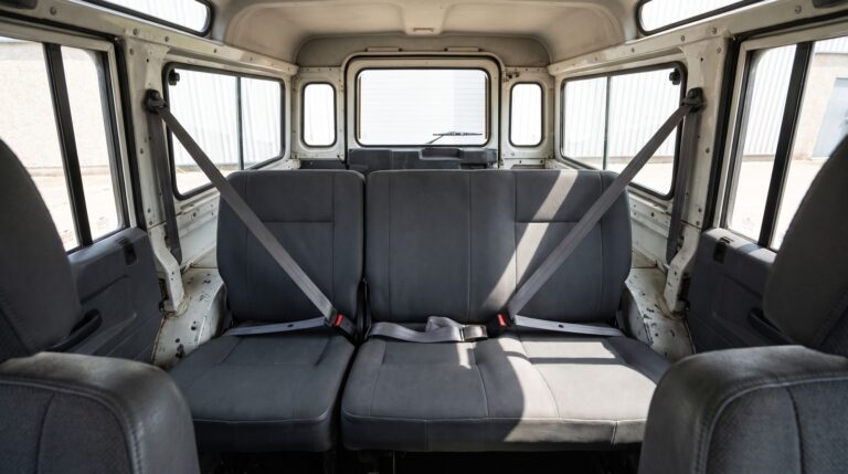 Second row bench of a classic Land Rover Defender 110 station wagon, the outer seats on three point belts and the centre position on a plain lap belt with no anchorage above it