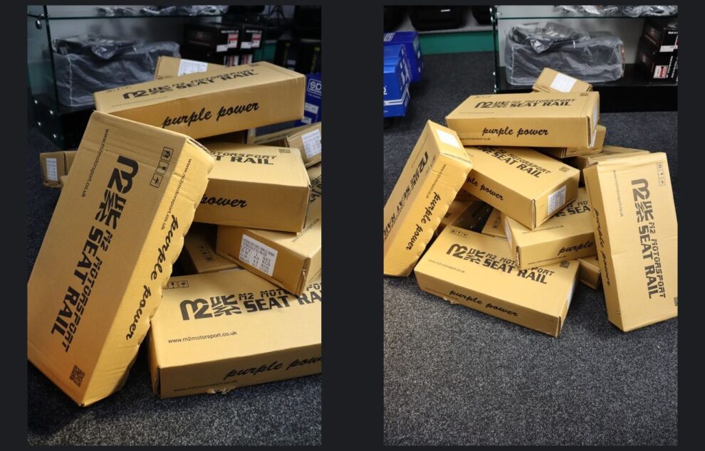 Two views of the same delivery: stacks of M2 Motorsport seat rail boxes on the showroom floor at GSM Performance, each box printed with the M2 Motorsport seat rail marking and carrying its own part number label