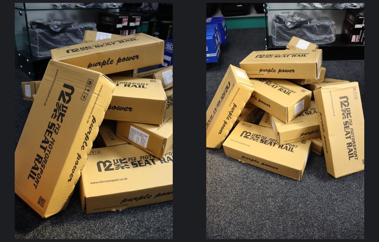 Two views of the same delivery: stacks of M2 Motorsport seat rail boxes on the showroom floor at GSM Performance, each box printed with the M2 Motorsport seat rail marking and carrying its own part number label