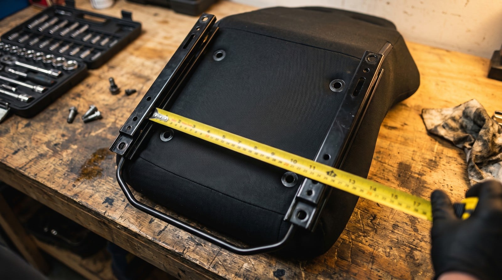 A black bucket seat turned upside down on a workbench with a steel tape measure stretched across the mounting holes in its base