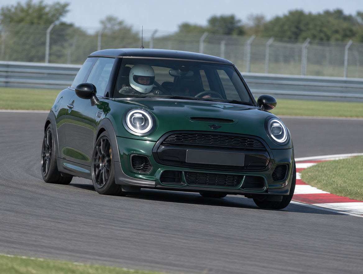Dark green Mini F56 hatchback cornering on a British race circuit with helmeted driver at the wheel