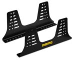 Pair of MOMO black powder coated steel L-shaped seat side mounts with slotted adjustment holes and the MOMO logo on the side