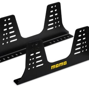 Pair of MOMO black powder coated steel L-shaped seat side mounts with slotted adjustment holes and the MOMO logo on the side