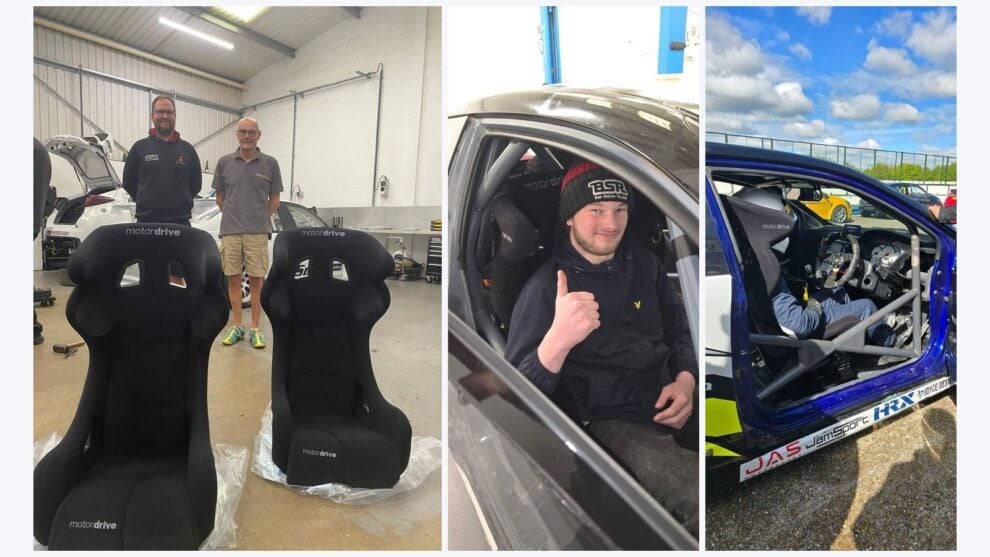 Motordrive handing over two new black bucket seats to Ben Sharpe Racing in their workshop, the team driver sat in a Civic, and a liveried Ben Sharpe Racing Honda Civic at a circuit with a Motordrive seat fitted