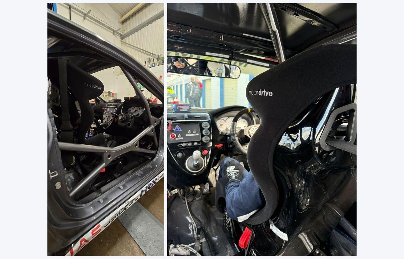 Ben Sharpe Racing Honda Civic with the door open in the workshop, and a close view of the Motordrive seat inside the caged cockpit
