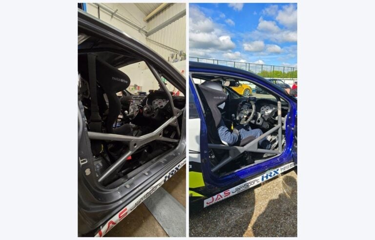 Ben Sharpe Racing Honda Civic in the workshop and at the circuit, both with Motordrive bucket seats and a roll cage