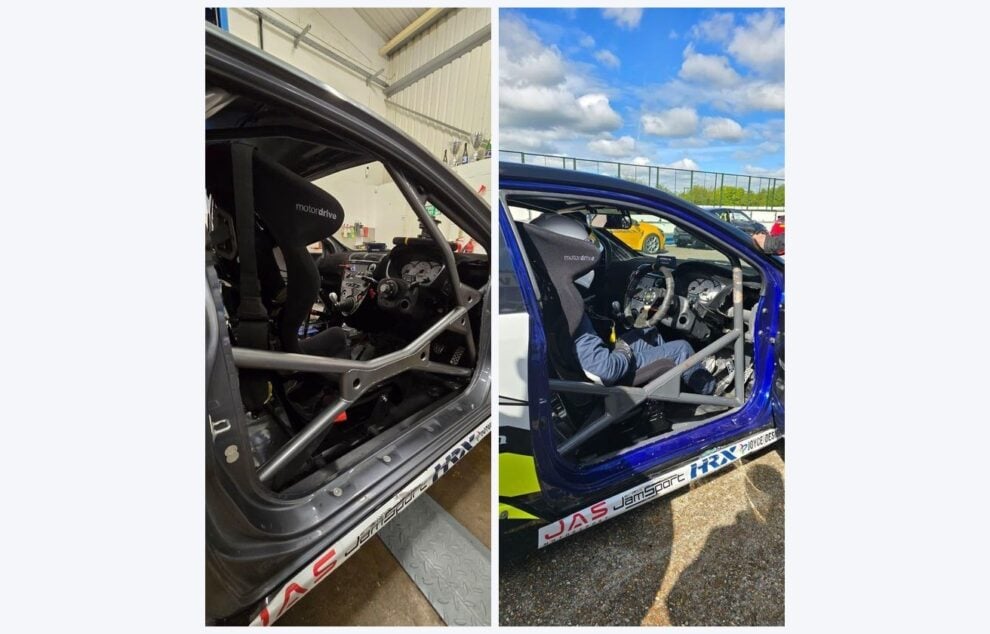 Ben Sharpe Racing Honda Civics at a circuit and in the workshop, both with roll cages fitted