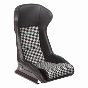 Cobra Nogaro Speedster Houndstooth bucket seat with a black and white houndstooth centre panel carrying a green embroidered COBRA wordmark, plain vinyl above it, on a white background