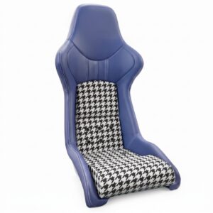 Cobra Nogaro Street Carbon Fibre 40th Edition Houndstooth bucket seat in blue vinyl with a black and white houndstooth centre panel on the backrest and the cushion, on a white background