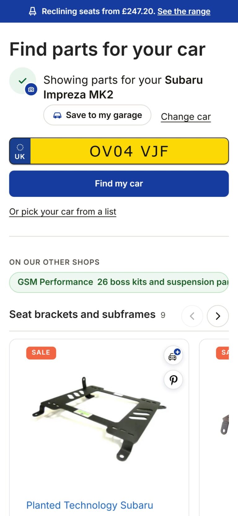 The number plate checker on a phone, showing parts for a 2004 Subaru Impreza