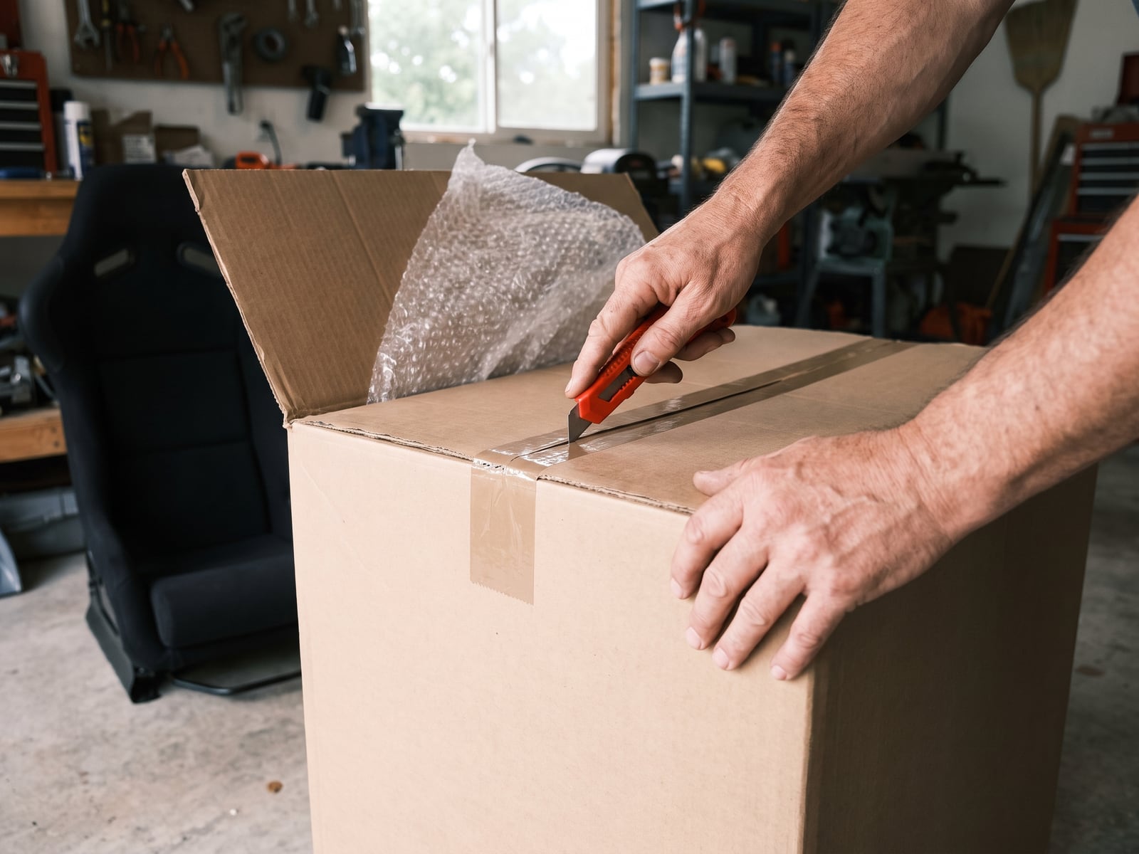 Illustration of a utility knife with the blade fully extended cutting the tape on a large seat carton with bubble wrap directly beneath
