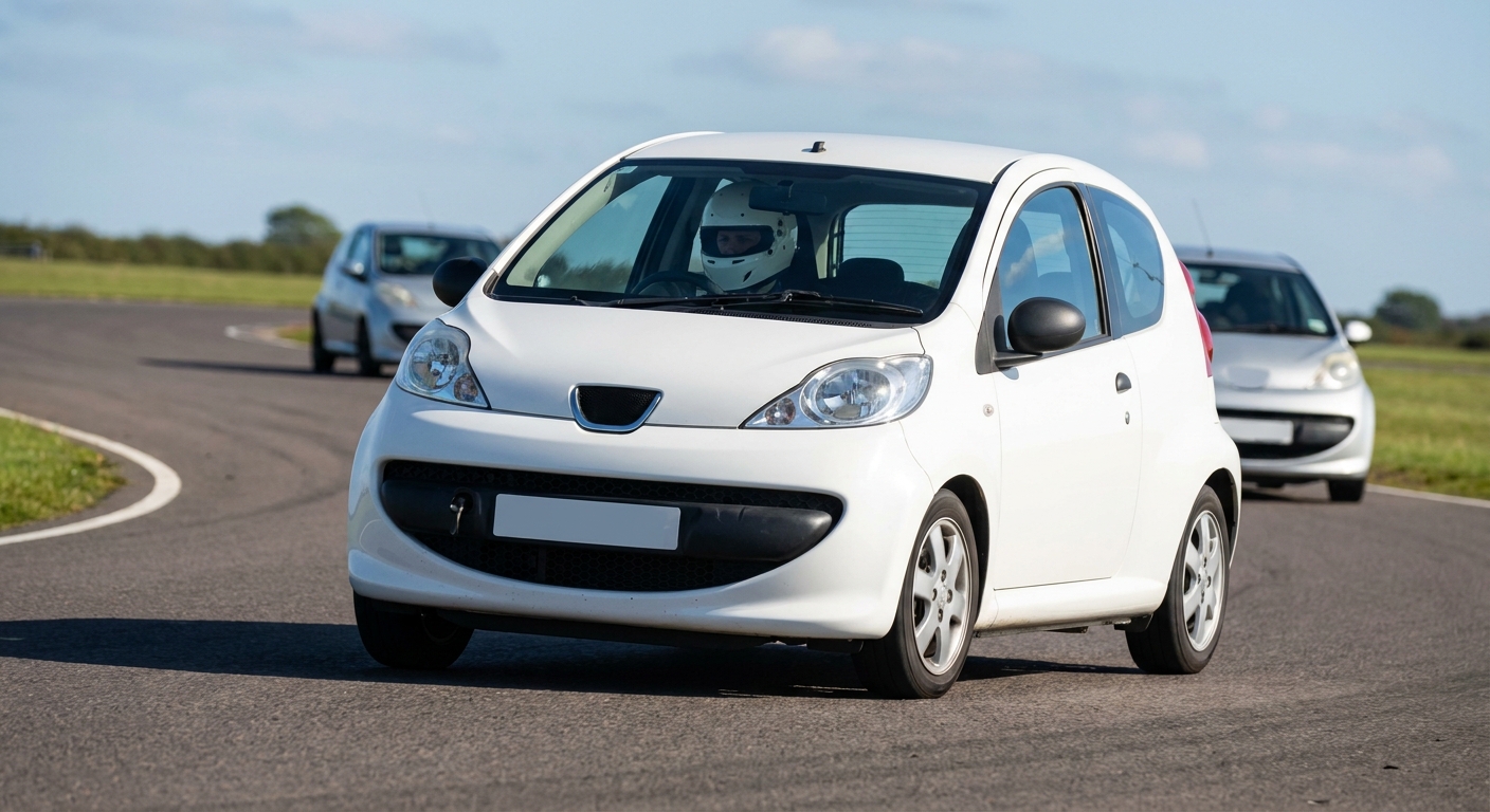 Peugeot 107 hatchback cornering on a British race circuit, helmeted driver visible through windscreen