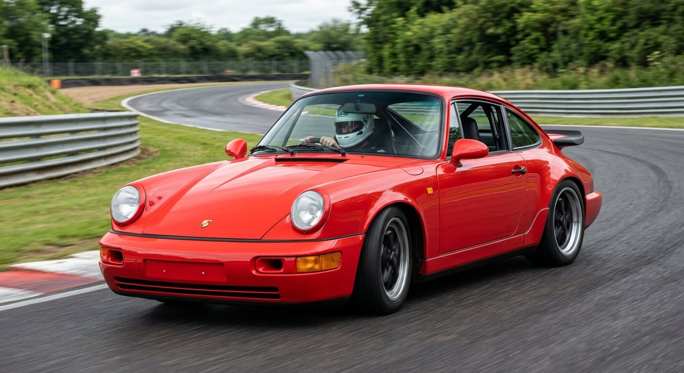 Porsche 911 964 cornering on a British race circuit, helmeted driver visible through the windscreen