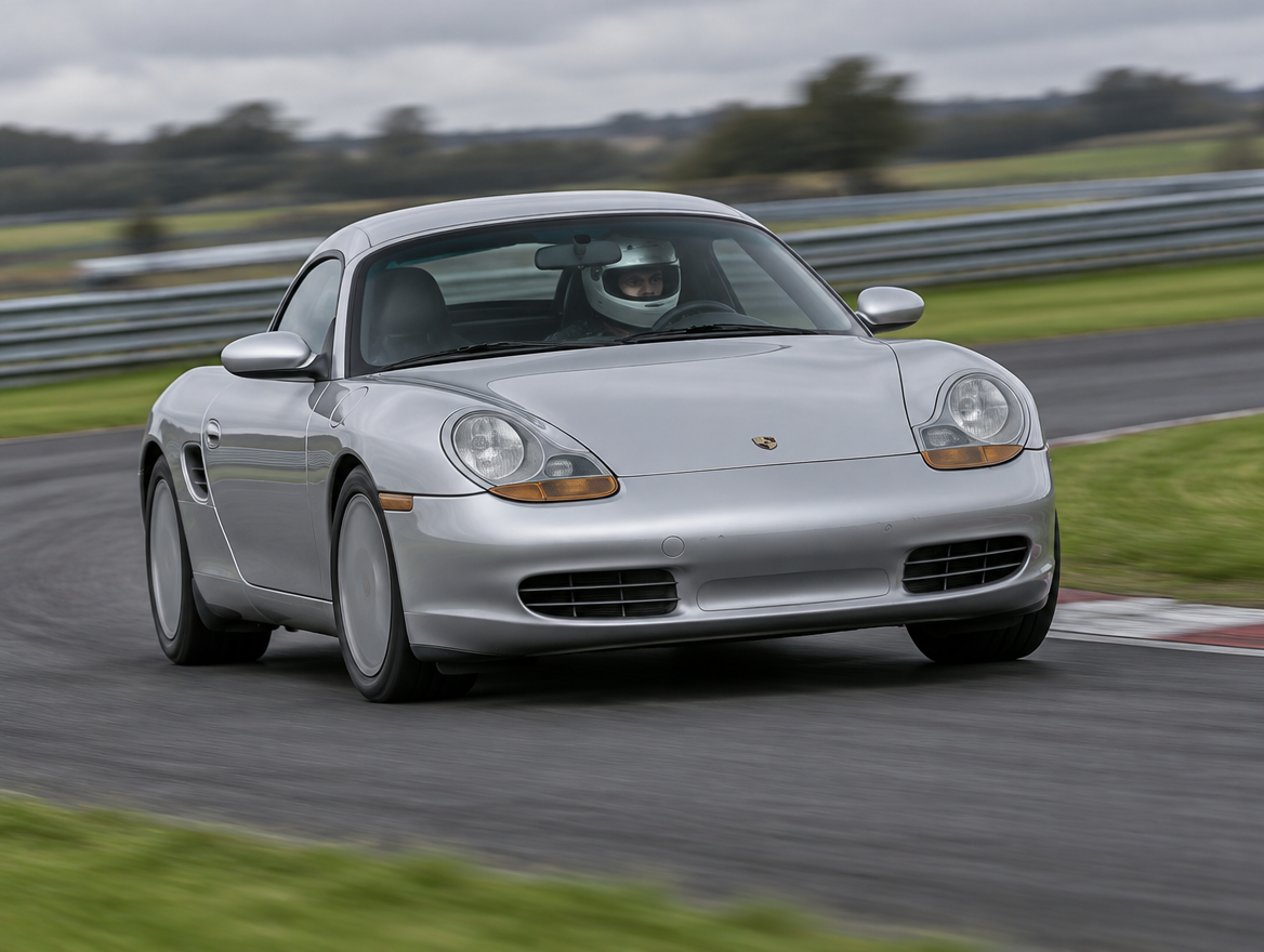 Silver Porsche Boxster 986 cornering on a British race circuit with a helmeted driver visible through the windscreen