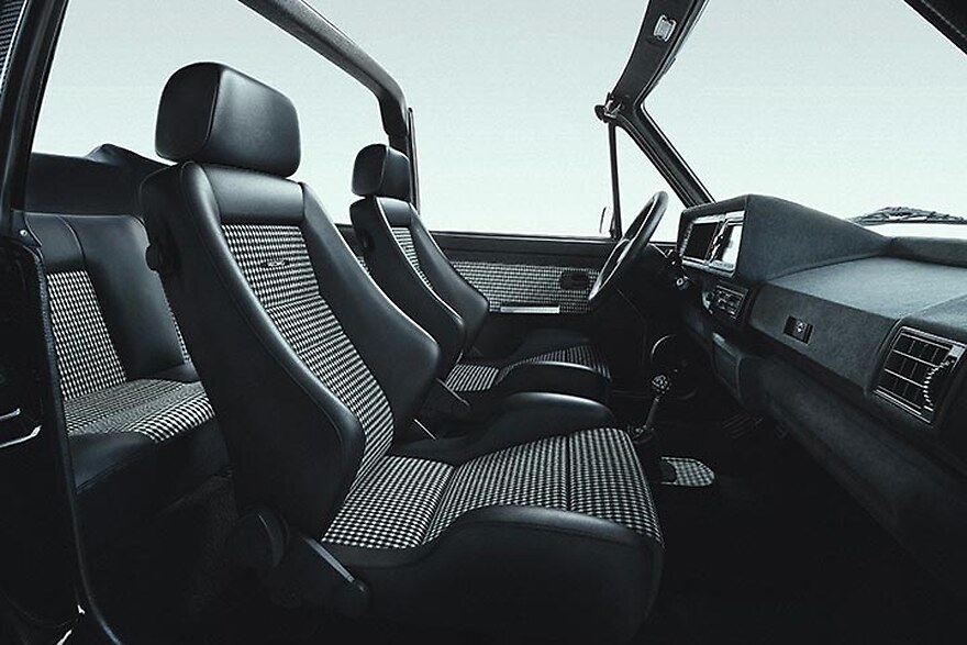 Recaro Classic LX seats in black leather and Pepita cloth fitted in a classic Volkswagen Golf