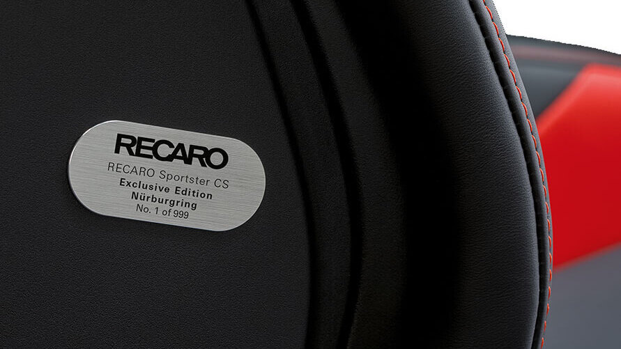 The numbered Recaro plaque on a Sportster CS Nurburgring Edition seat, reading No. 1 of 999