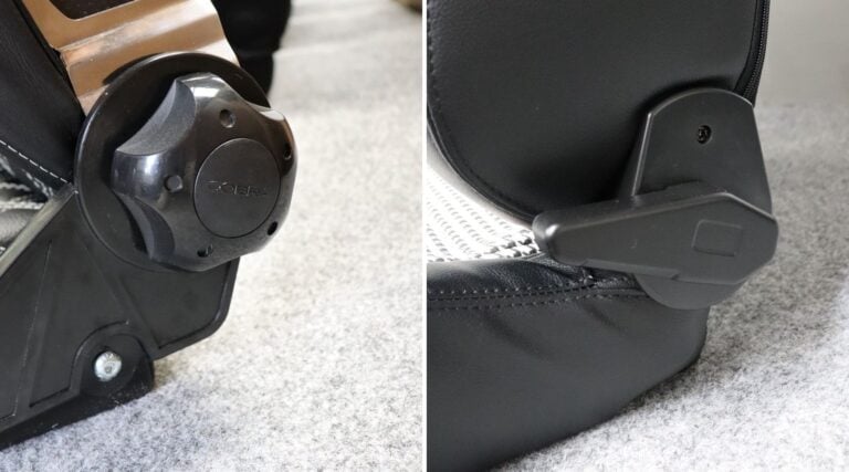 A Cobra hand wheel recline mechanism beside a Sparco quick tilt lever, photographed close up in the SportSeats4u showroom