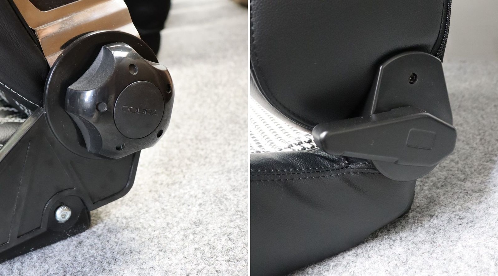 A Cobra hand wheel recline mechanism beside a Sparco quick tilt lever, photographed close up in the SportSeats4u showroom