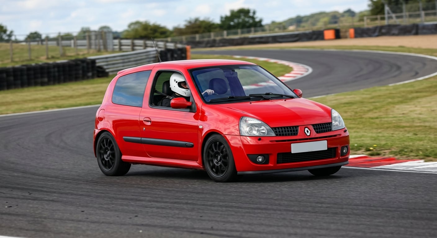 Red Renault Clio Mk2 Facelift cornering on a British race circuit, helmeted driver visible at the wheel