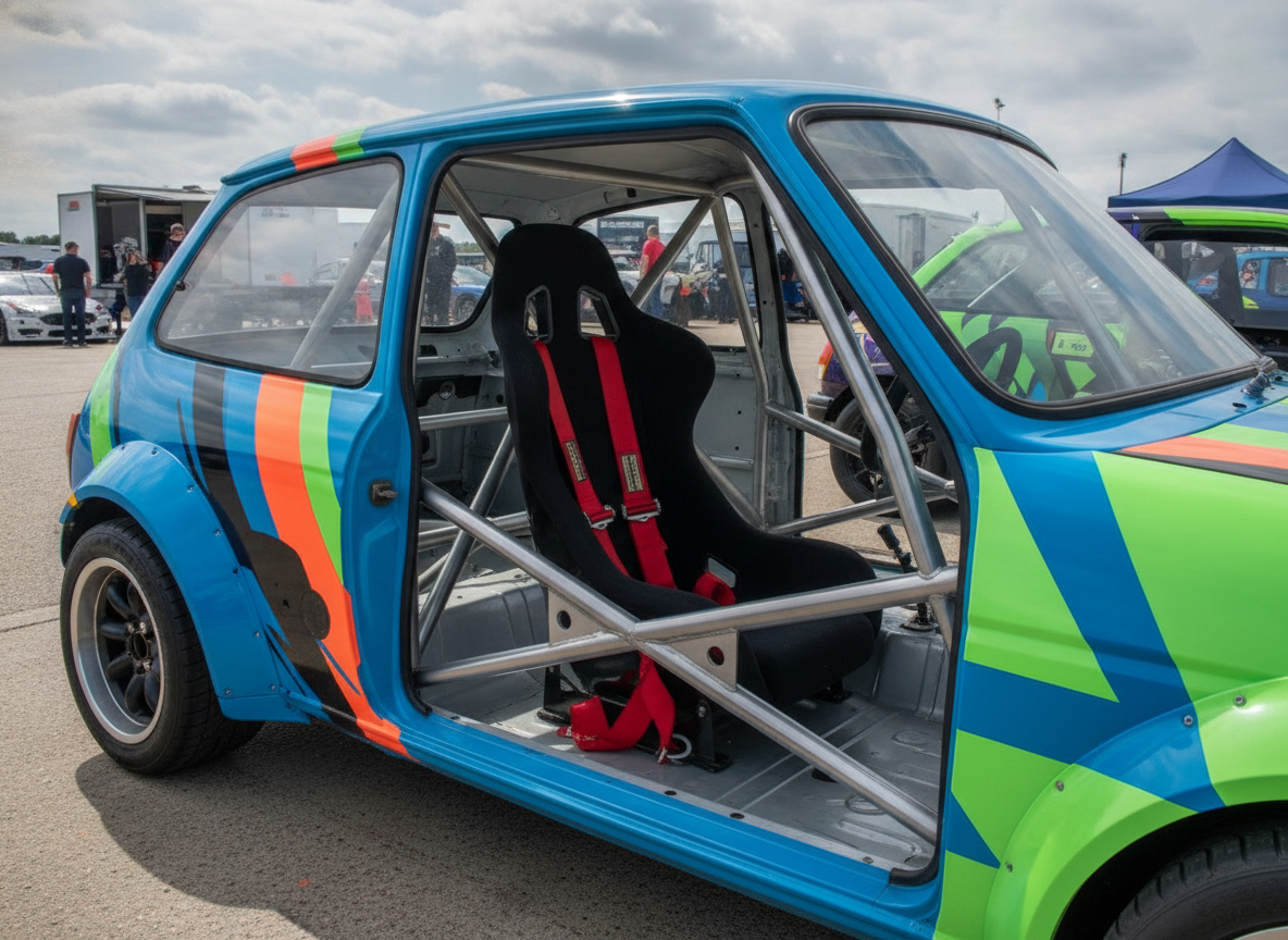A race-prepared hatchback with door open in a motorsport paddock showing the roll cage interior and red harness shoulder straps routing to the harness bar