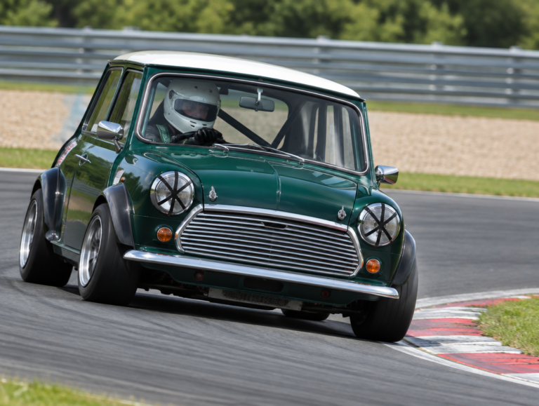 Classic Rover Mini in British racing green cornering on a race circuit, helmeted driver visible through the windscreen, Armco barriers in the background