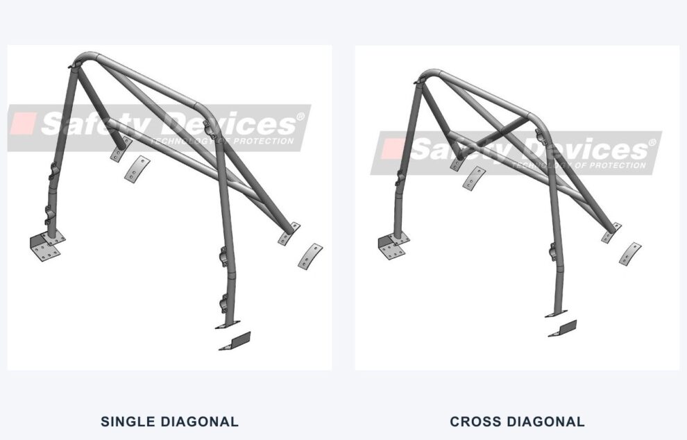 Safety Devices Ford Fiesta rear roll cage, single diagonal on the left and cross diagonal on the right, both with a harness bar