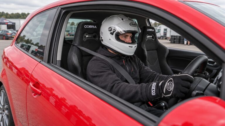 Helmeted driver in a red Seat Ibiza Cupra fitted with black Cobra Daytona reclining sport seats