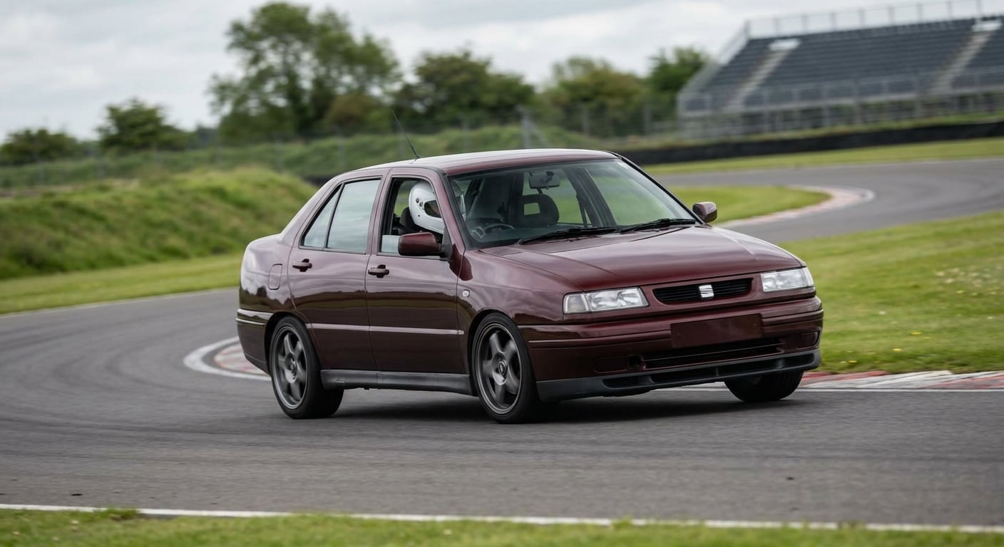 Dark red Seat Toledo Mk1 cornering on a British race circuit with a helmeted driver visible through the windscreen