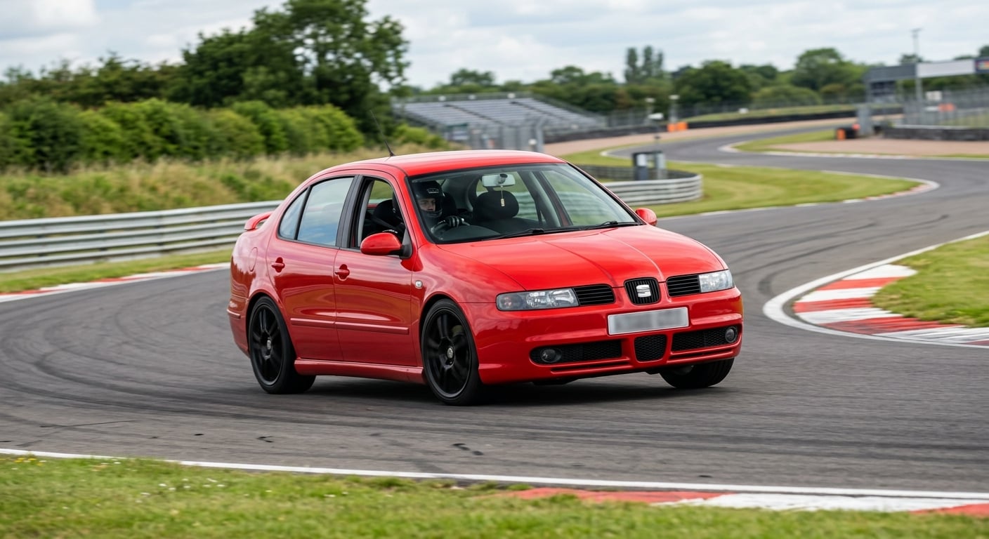 Red SEAT Toledo Mk2 saloon cornering on a British race circuit
