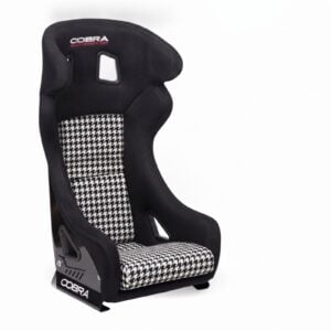 Cobra Sebring Pro-Fit GT FIA Houndstooth competition bucket seat with harness slots and a black and white houndstooth centre panel, matching plain black shoulder pads, on a white background