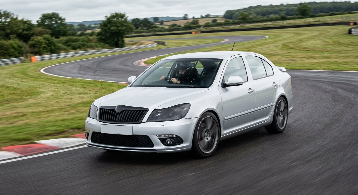 Silver Skoda Octavia Mk2 RS cornering on a British race circuit, helmeted driver visible at the wheel