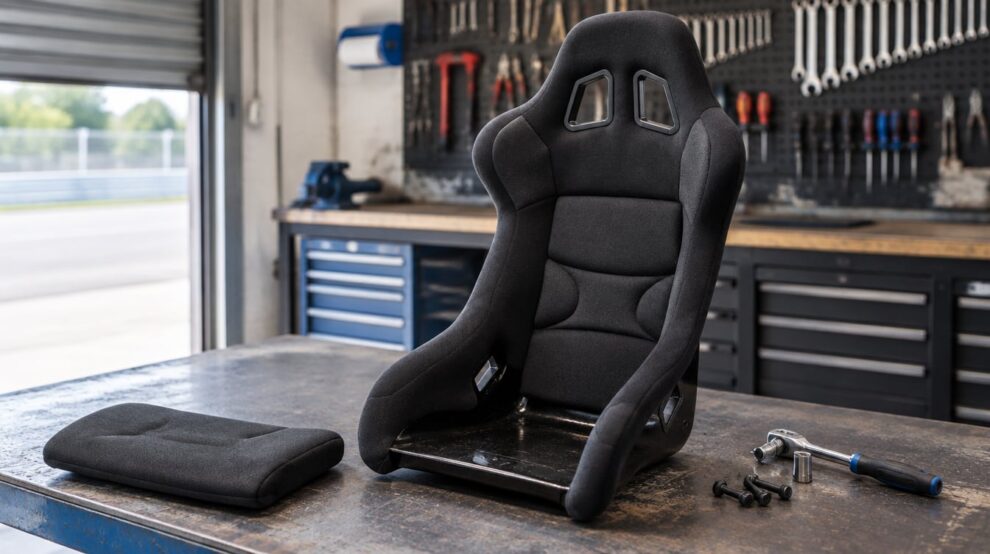 A black fibreglass bucket seat on a workshop bench with its base cushion lifted out beside it