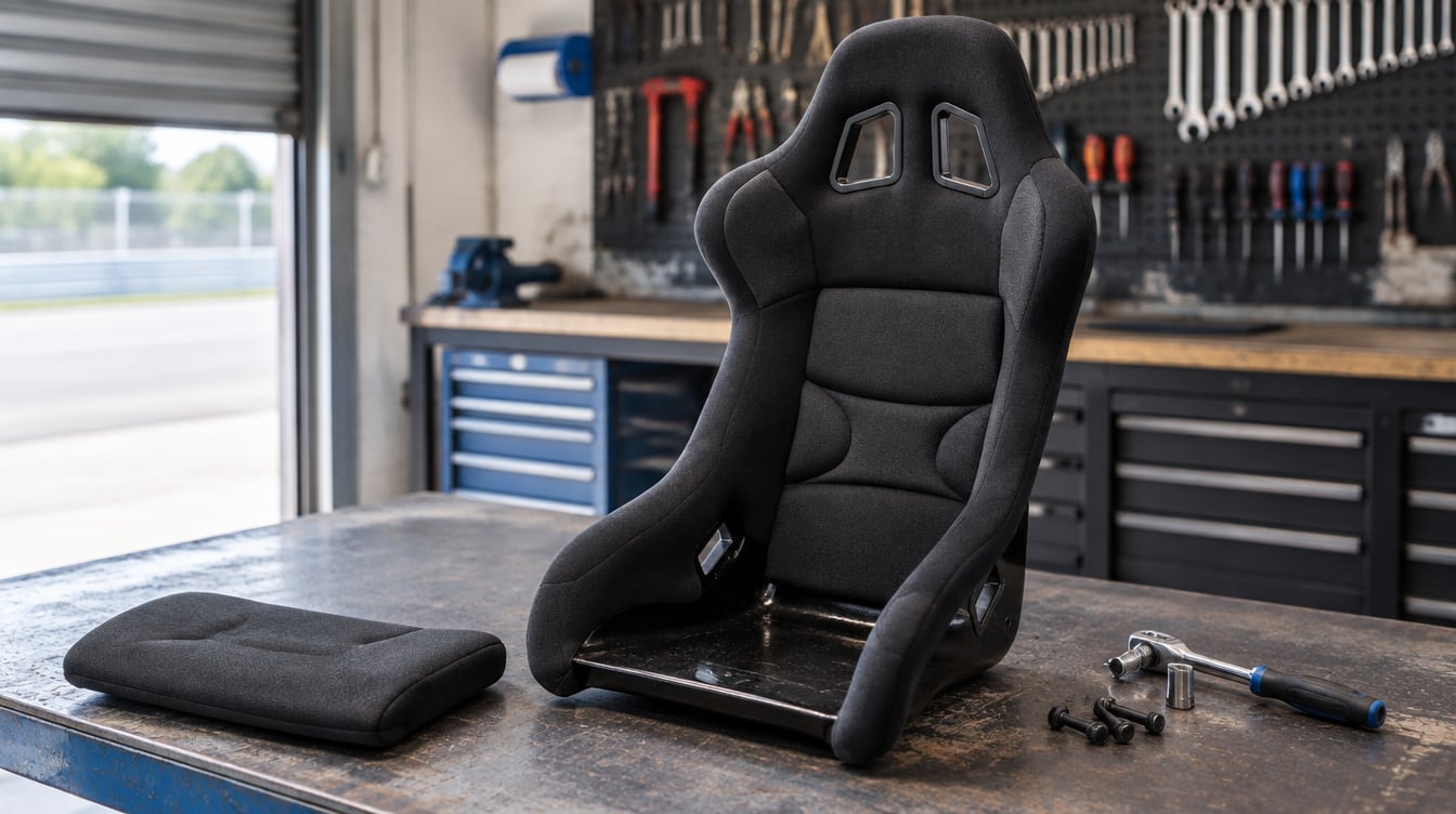 A black fibreglass bucket seat on a workshop bench with its base cushion lifted out beside it, showing the bare shell