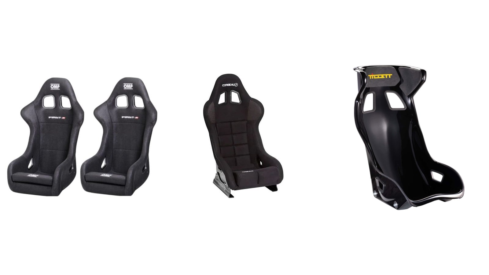 Three FIA 8855-1999 homologated bucket seats side by side, left to right a pair of OMP First R fibreglass seats, a Corbeau RXC X System 1 and a Tillett C1 composite shell with side impact head support wings