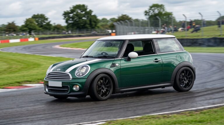 British Racing Green Mini R56 hatch with a white roof and bonnet stripes, cornering on a British race circuit