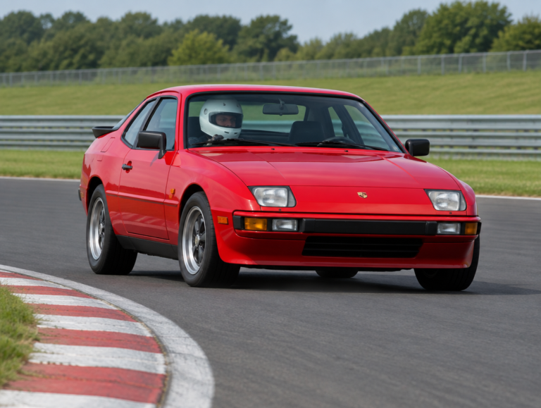 Red Porsche 924 cornering on a British race circuit with a helmeted driver visible through the windscreen