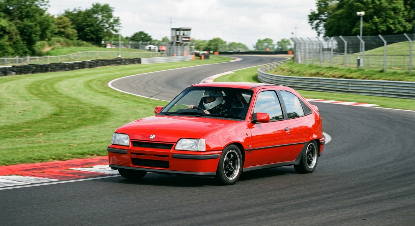 Bright red Vauxhall Astra Mk3 cornering on a British race circuit with helmeted driver